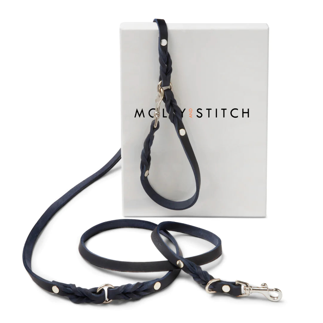 Butter leather 3X adjustable dog leash Navy Blue